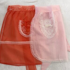 Vintage Pink & Orange Sheer half apron feminine lace dainty lace apron
